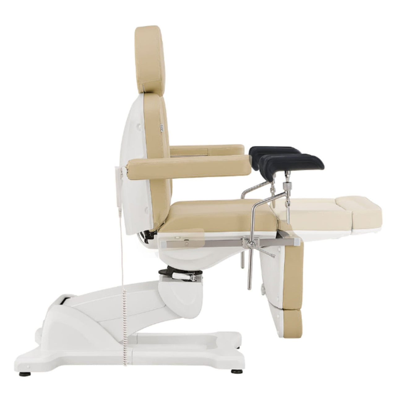DIR Pavo OB 4-Motors OB GYN Exam Chair with Stirrups Beige Side View Showing Extendable Footrest Positions On White Background