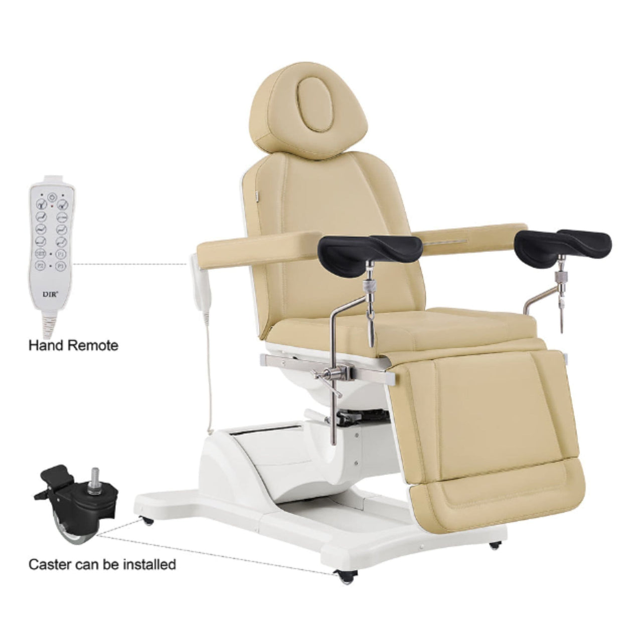 DIR Pavo OB 4-Motors OB GYN Exam Chair with Stirrups Beige Side View With Close-up View Of Remote Control And Caster On White Background