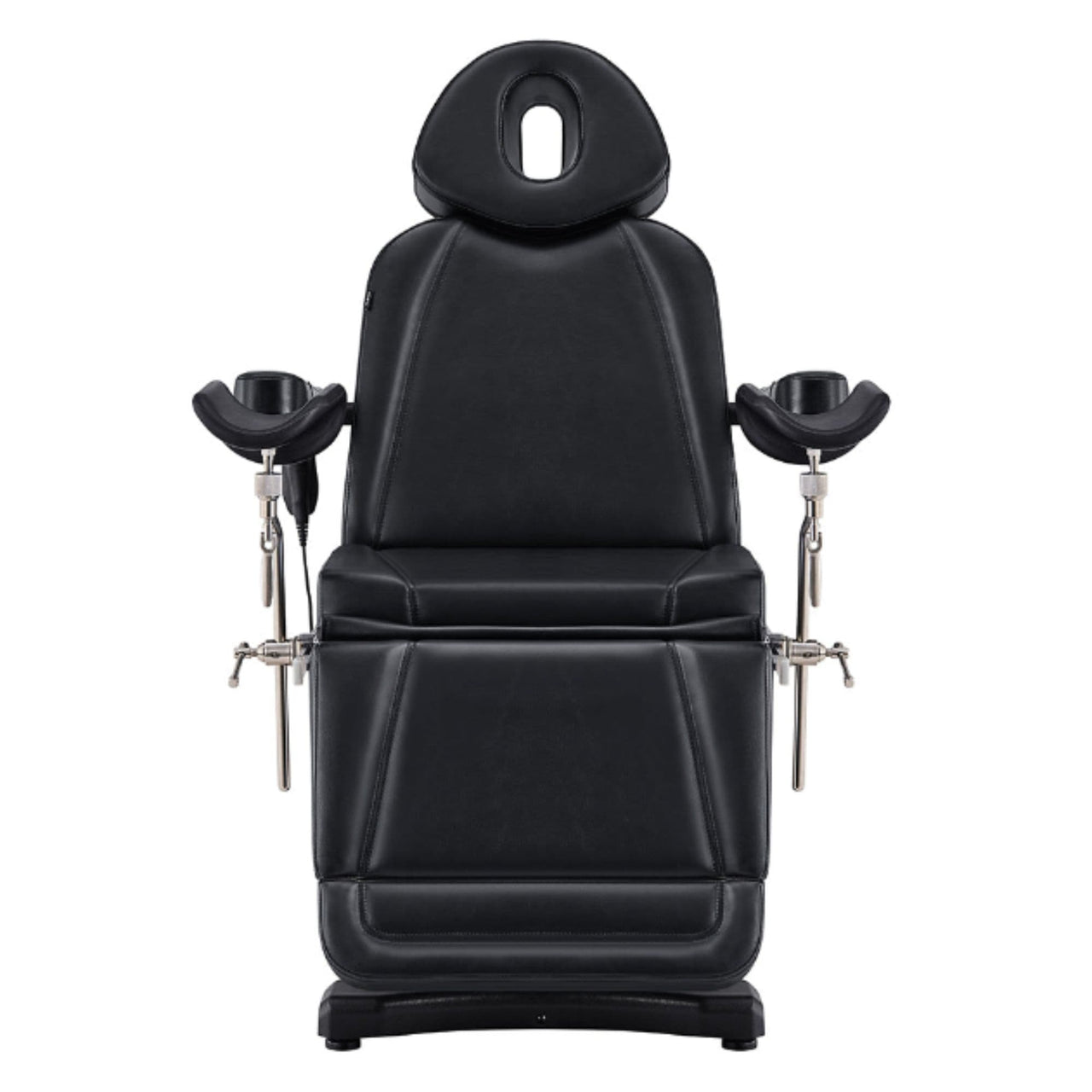 DIR Pavo OB 4-Motors OB GYN Exam Chair with Stirrups Black Front View On White Background