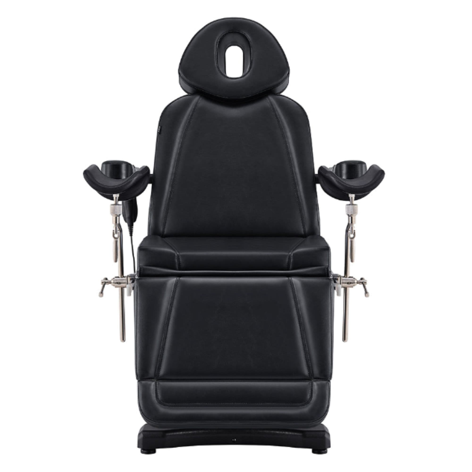 DIR Pavo OB 4-Motors OB GYN Exam Chair with Stirrups Black Front View On White Background