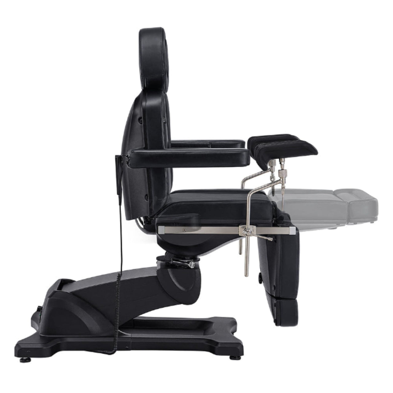 DIR Pavo OB 4-Motors OB GYN Exam Chair with Stirrups Black Side View Showing Extendable Footrest Positions On White Background