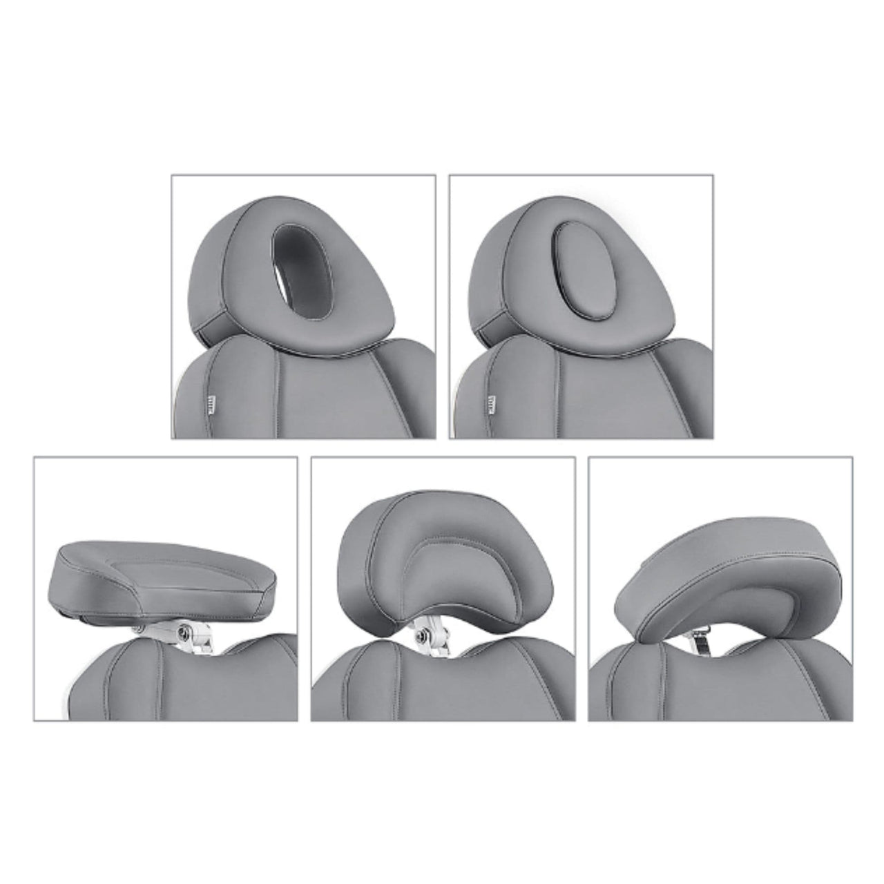 DIR Pavo OB 4-Motors OB GYN Exam Chair with Stirrups Close-Up Views Showing Multiple Headrest And Face Hole Options For Gray Variants