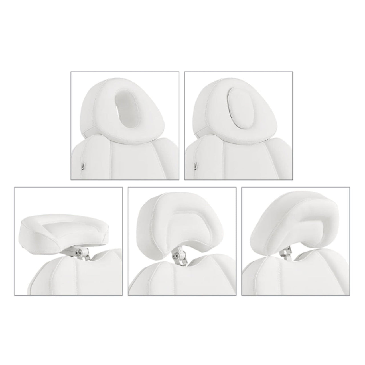 DIR Pavo OB 4-Motors OB GYN Exam Chair with Stirrups Close-Up Views Showing Multiple Headrest And Face Hole Options For White Variants