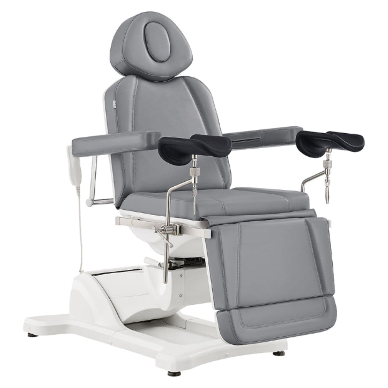 DIR Pavo OB 4-Motors OB GYN Exam Chair with Stirrups Gray Front Angled View On White Background