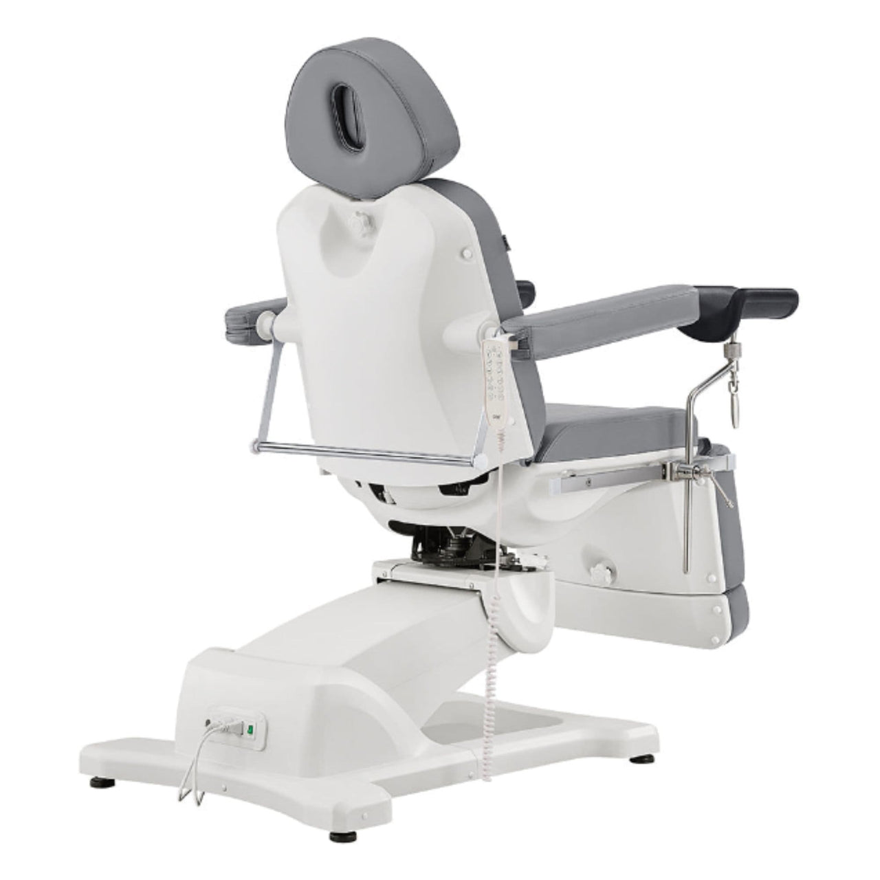 DIR Pavo OB 4-Motors OB GYN Exam Chair with Stirrups Gray Rear View With Remote Control On White Background