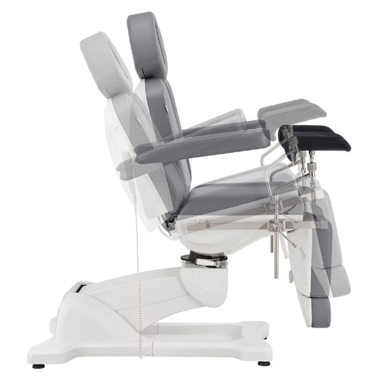 DIR Pavo OB 4-Motors OB GYN Exam Chair with Stirrups Gray Side View Demonstrating Chair And Stirrup Adjustment Positions On White Background