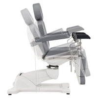 Thumbnail for DIR Pavo OB 4-Motors OB GYN Exam Chair with Stirrups Gray Side View Demonstrating Chair And Stirrup Adjustment Positions On White Background
