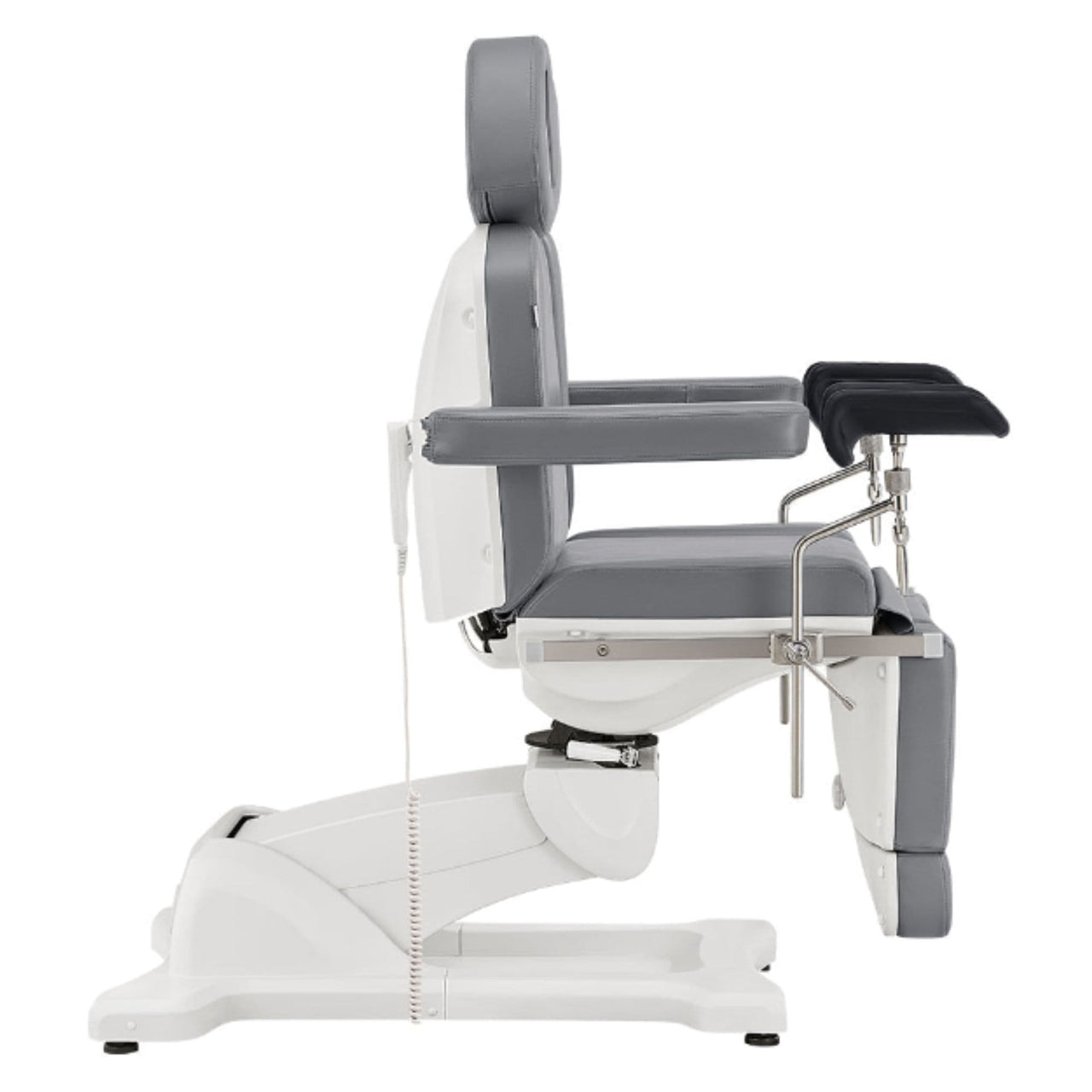 DIR Pavo OB 4-Motors OB GYN Exam Chair with Stirrups Gray Side View On White Background