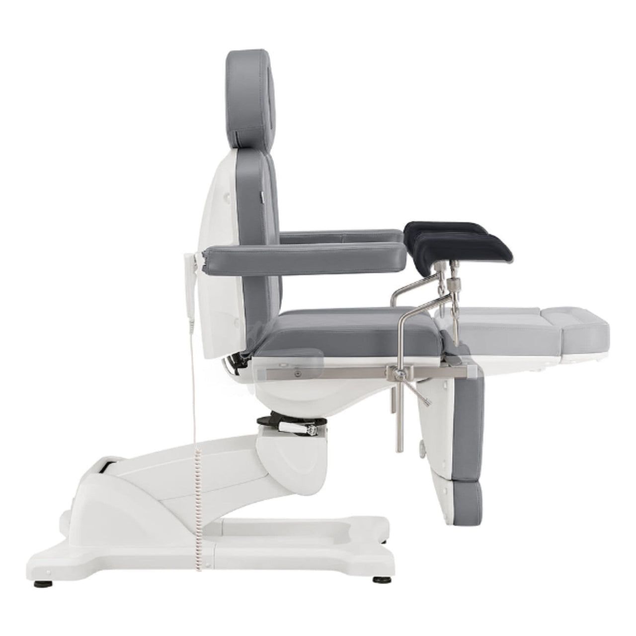 DIR Pavo OB 4-Motors OB GYN Exam Chair with Stirrups Gray Side View Showing Extendable Footrest Positions On White Background