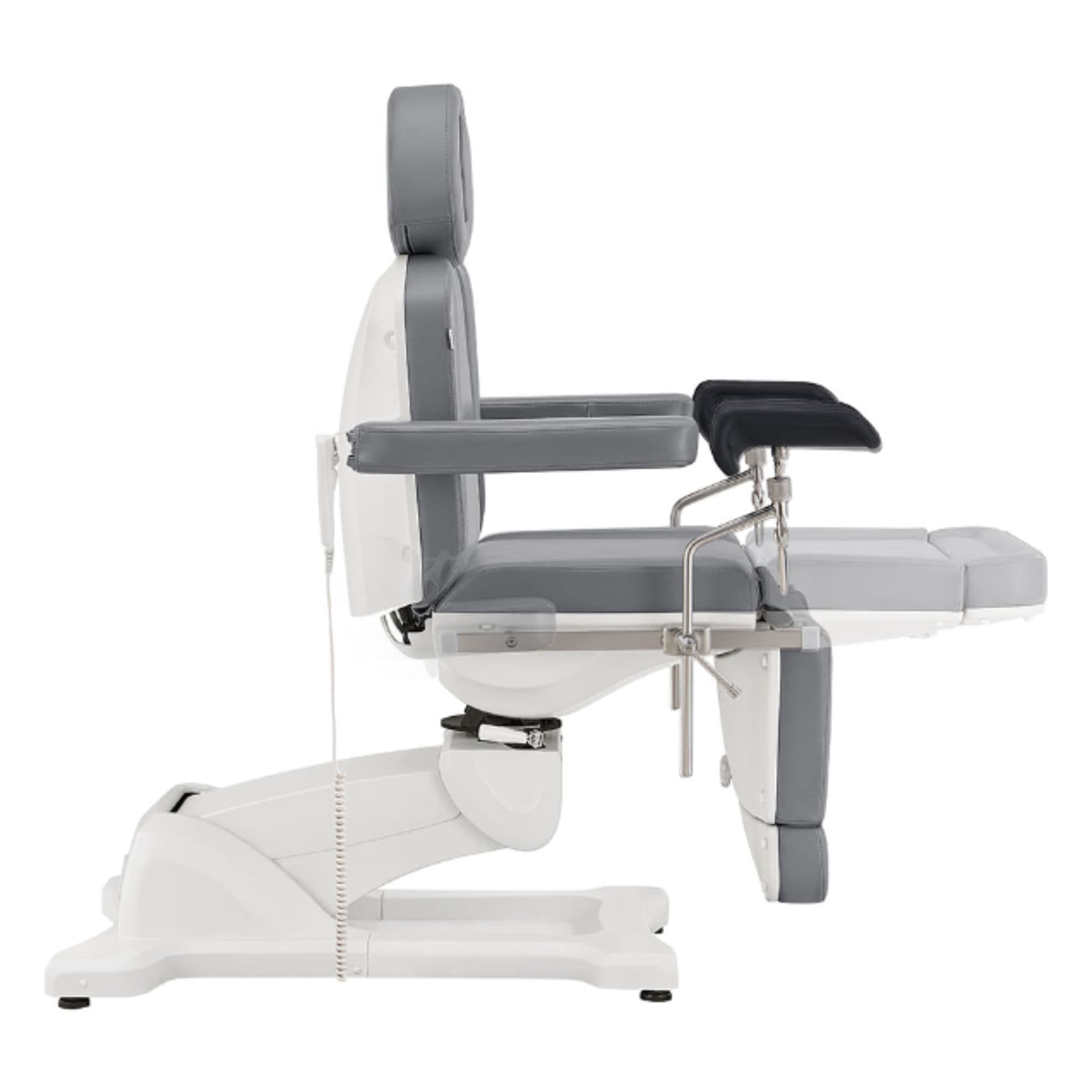 DIR Pavo OB 4-Motors OB GYN Exam Chair with Stirrups Gray Side View Showing Extendable Footrest Positions On White Background
