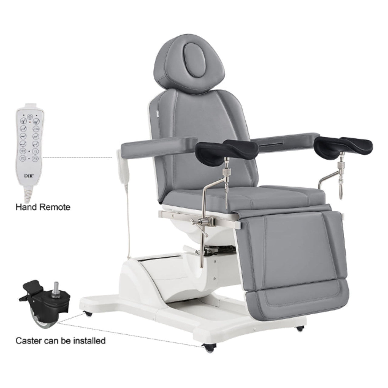 DIR Pavo OB 4-Motors OB GYN Exam Chair with Stirrups Gray Side View With Close-up View Of Remote Control And Caster On White Background