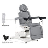 Thumbnail for DIR Pavo OB 4-Motors OB GYN Exam Chair with Stirrups Gray Side View With Close-up View Of Remote Control And Caster On White Background