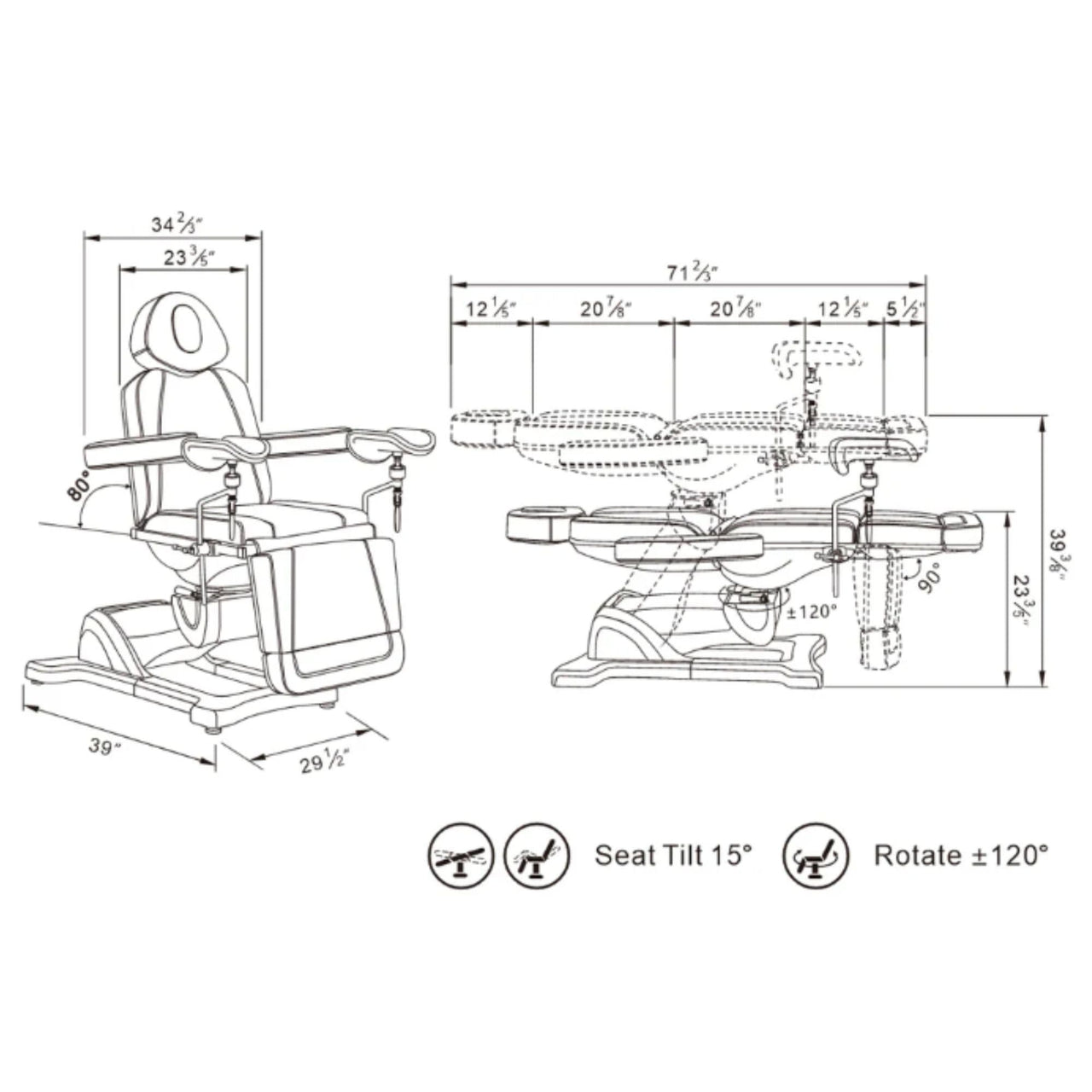 DIR Pavo OB 4-Motors OB GYN Exam Chair with Stirrups Product Dimension Diagram