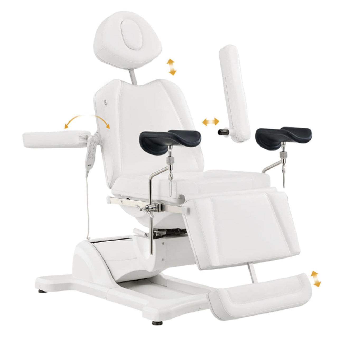 DIR Pavo OB 4-Motors OB GYN Exam Chair with Stirrups White Front Angled View Demonstrating Adjustable Chair Features On White Background