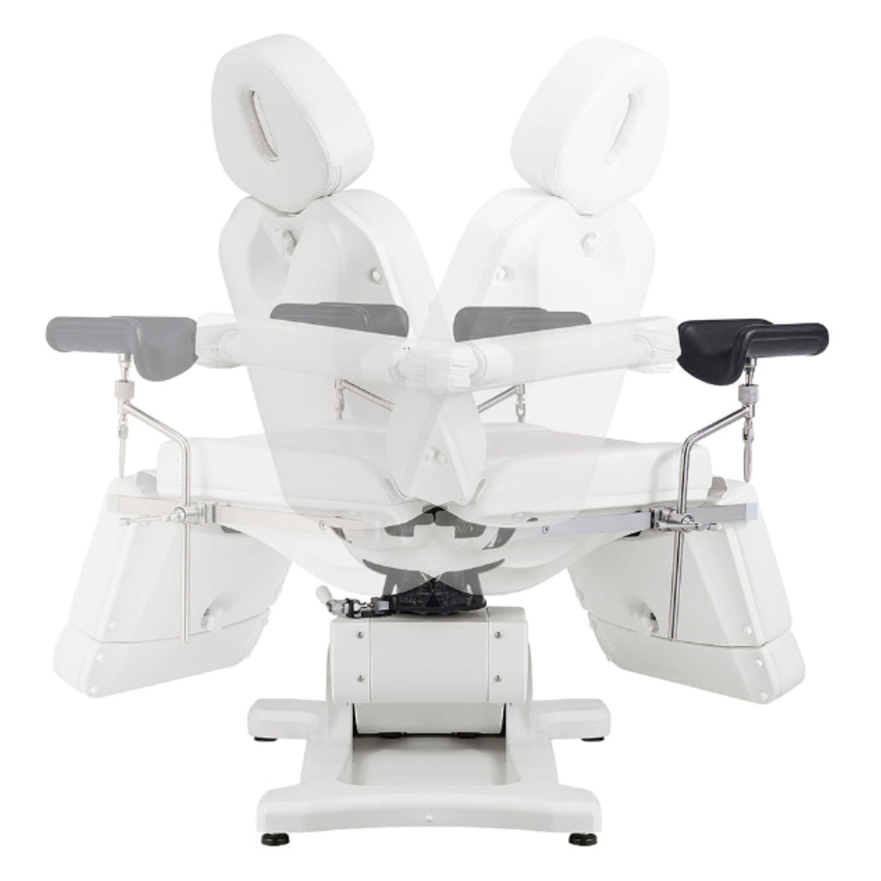 DIR Pavo OB 4-Motors OB GYN Exam Chair with Stirrups White Front View With Swivel Rotation Demonstration On White Background