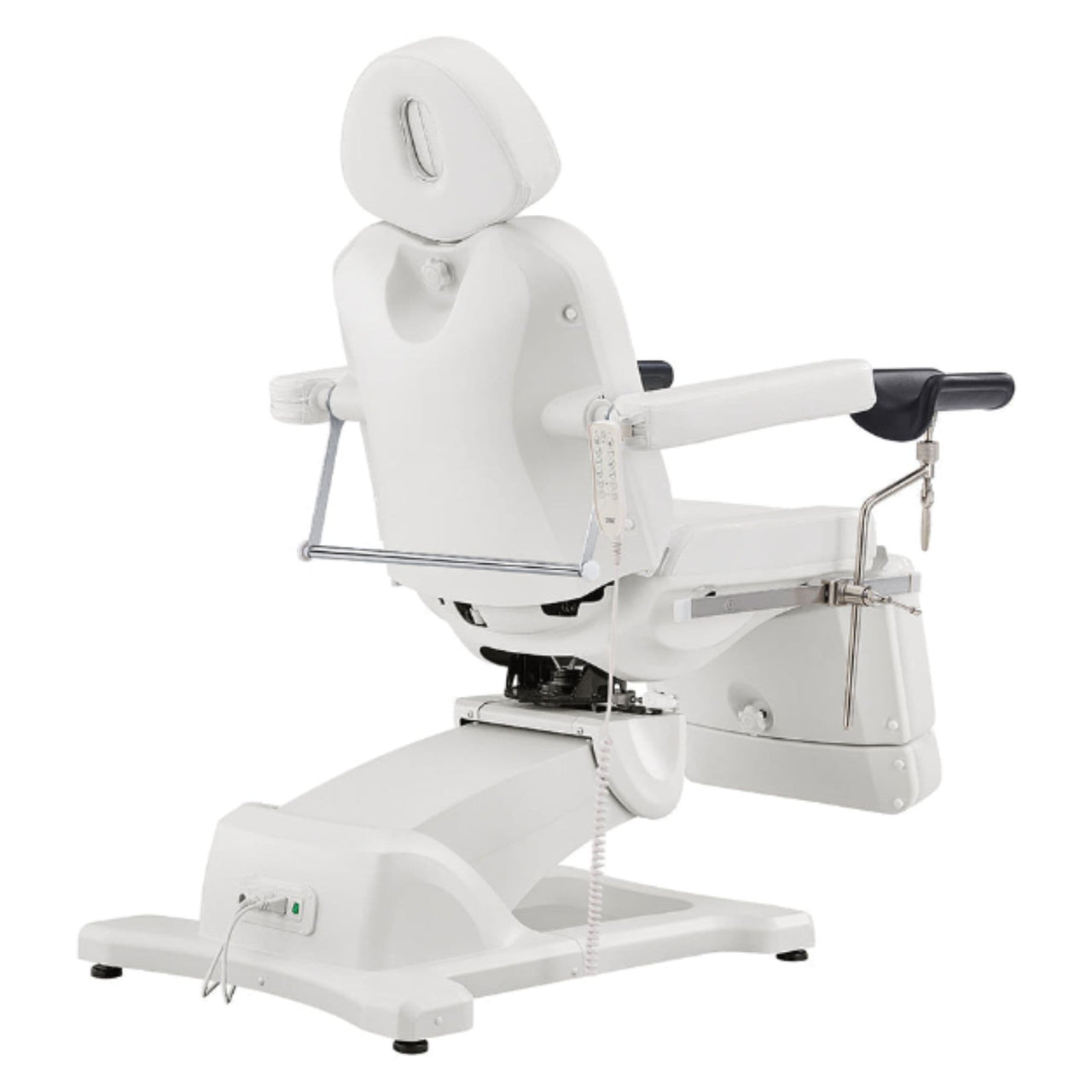 DIR Pavo OB 4-Motors OB GYN Exam Chair with Stirrups White Rear View With Remote Control On White Background
