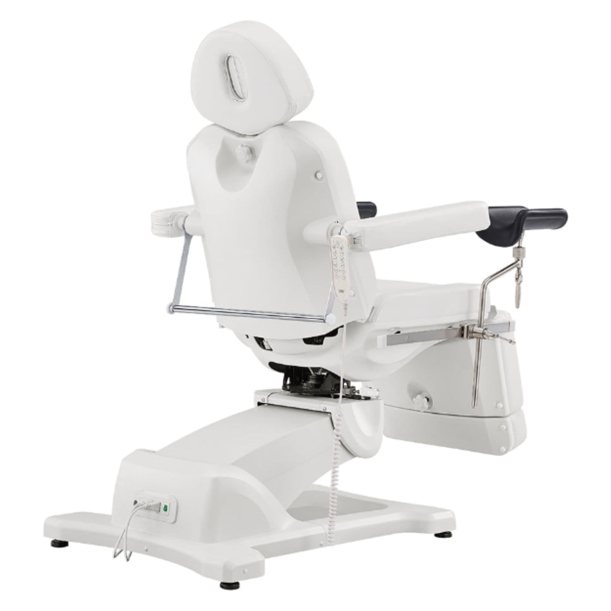 DIR Pavo OB 4-Motors OB GYN Exam Chair with Stirrups White Rear View With Remote Control On White Background