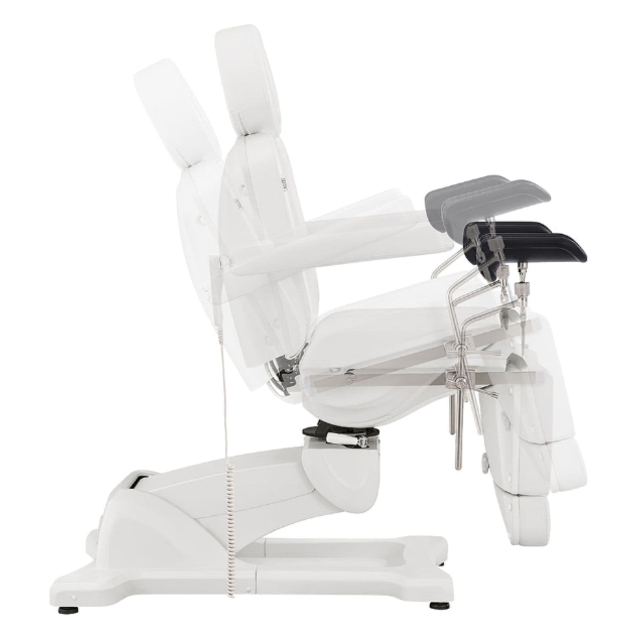 DIR Pavo OB 4-Motors OB GYN Exam Chair with Stirrups White Side View Demonstrating Chair And Stirrup Adjustment Positions On White Background