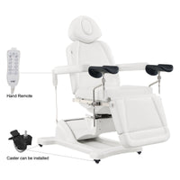 Thumbnail for DIR Pavo OB 4-Motors OB GYN Exam Chair with Stirrups White Side View With Close-up View Of Remote Control And Caster On White Background