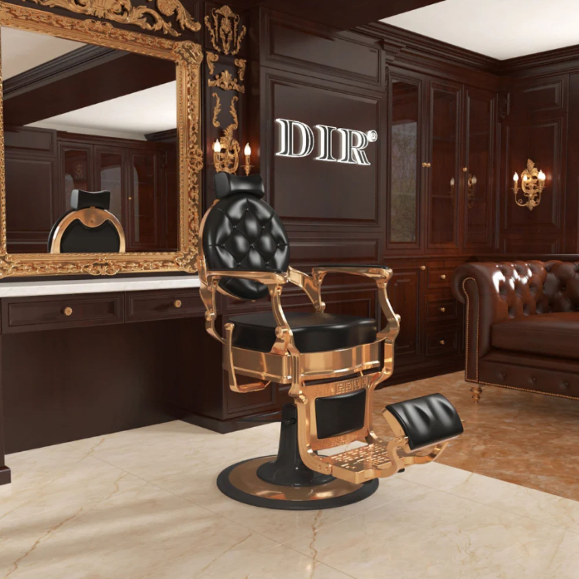 DIR Princeton Gold Barber Chair Black Variant Front Angled View With Big Decorative Mirror A Patent Sofa And A Brand Name In The Background