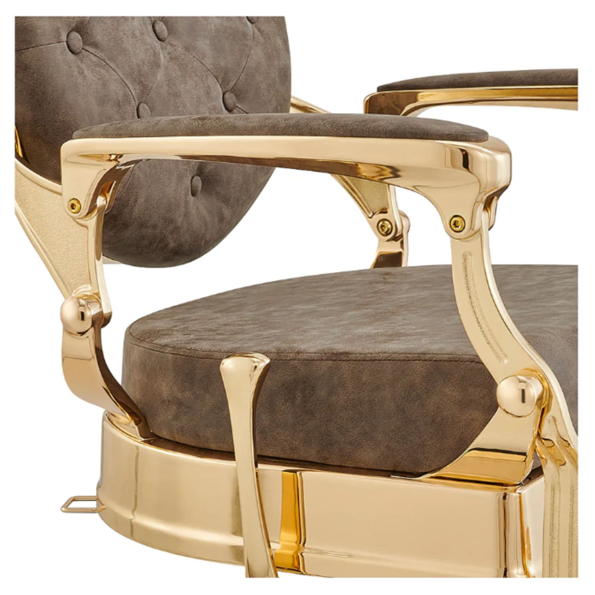 DIR Princeton Gold Barber Chair Close-Up View Of Decorative Armrest Support And Vintage Brown Upholstered Seat