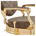 DIR Princeton Gold Barber Chair Close-Up View Of Decorative Armrest Support And Vintage Brown Upholstered Seat