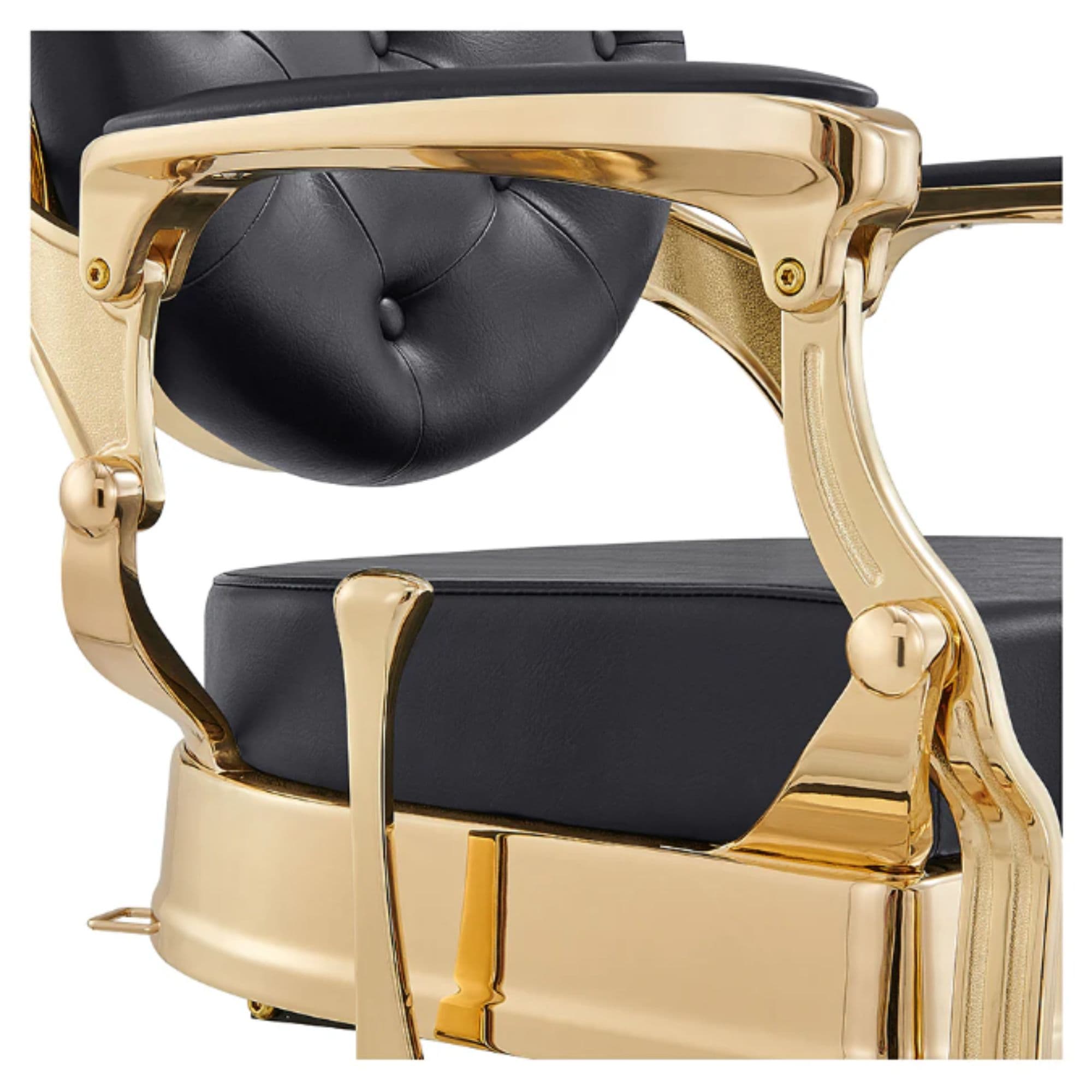 DIR Princeton Gold Barber Chair Close-Up View Of Metallic Gold Decorative Armrest Support And Black Upholstered Seat
