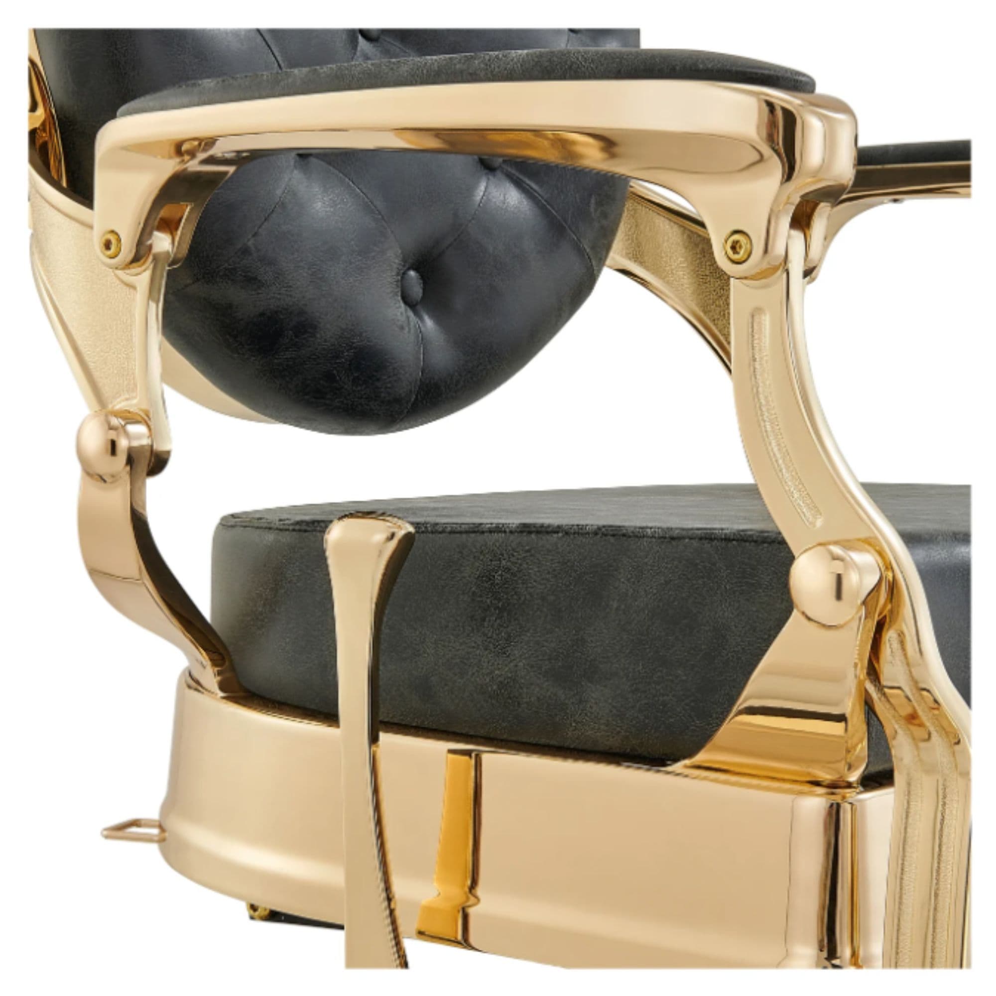 DIR Princeton Gold Barber Chair Close-Up View Of Metallic Gold Decorative Armrest Support And Vintage Black Upholstered Seat