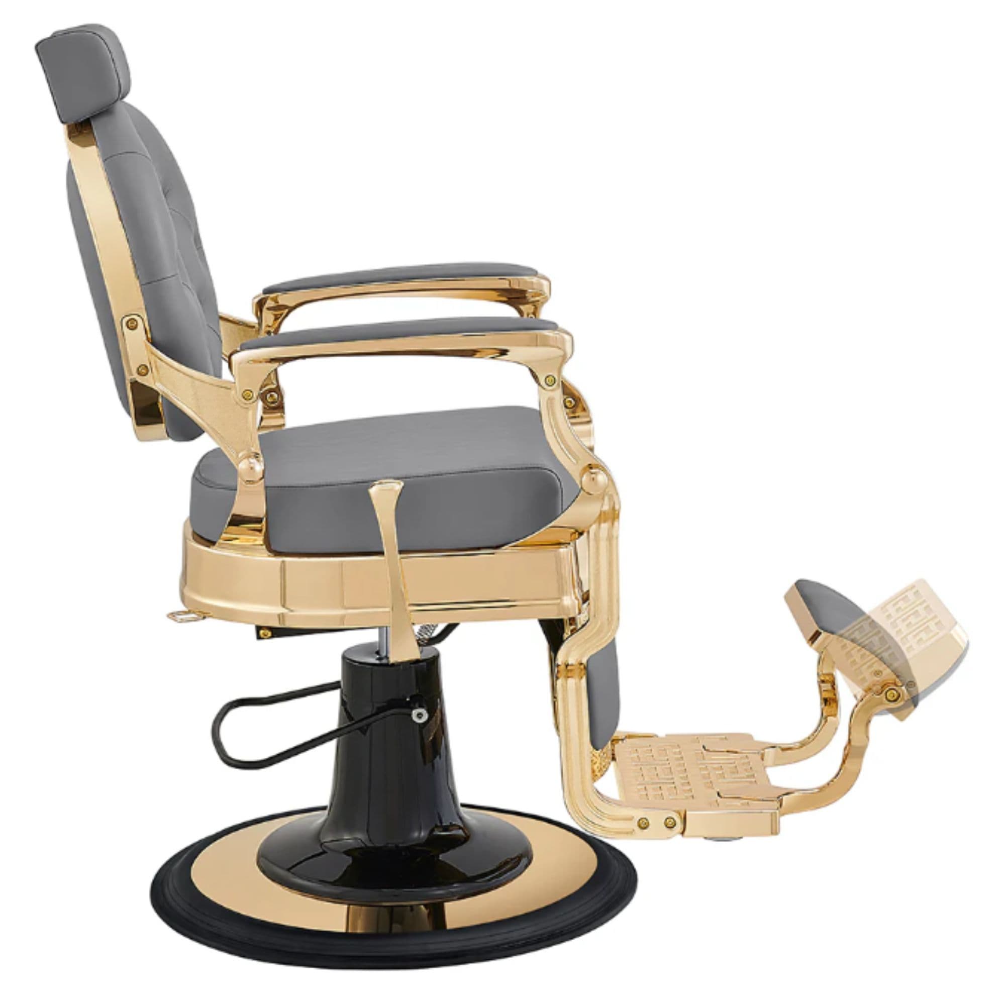 DIR Princeton Gold Barber Chair Gray Variant Side View Demonstrating Swing Adjustment Of Calf Rest On White Background