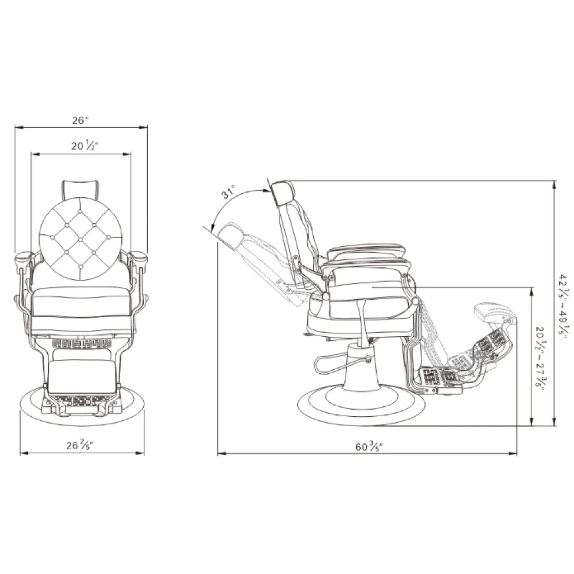 DIR Princeton Gold Barber Chair Product Dimension Diagram 
