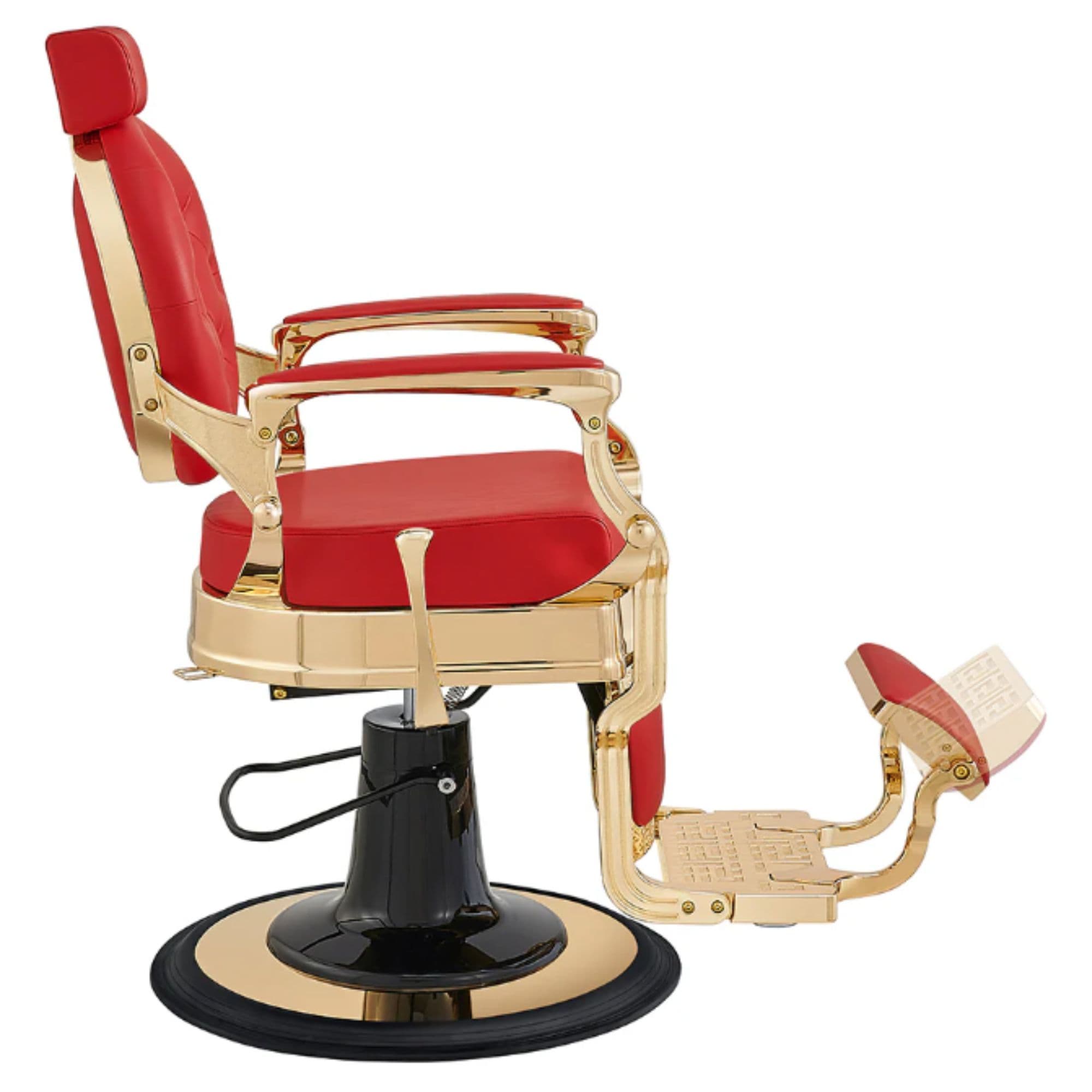 DIR Princeton Gold Barber Chair Red Variant Side View Demonstrating The Swing Range Of Foot Rest Extension On White Background