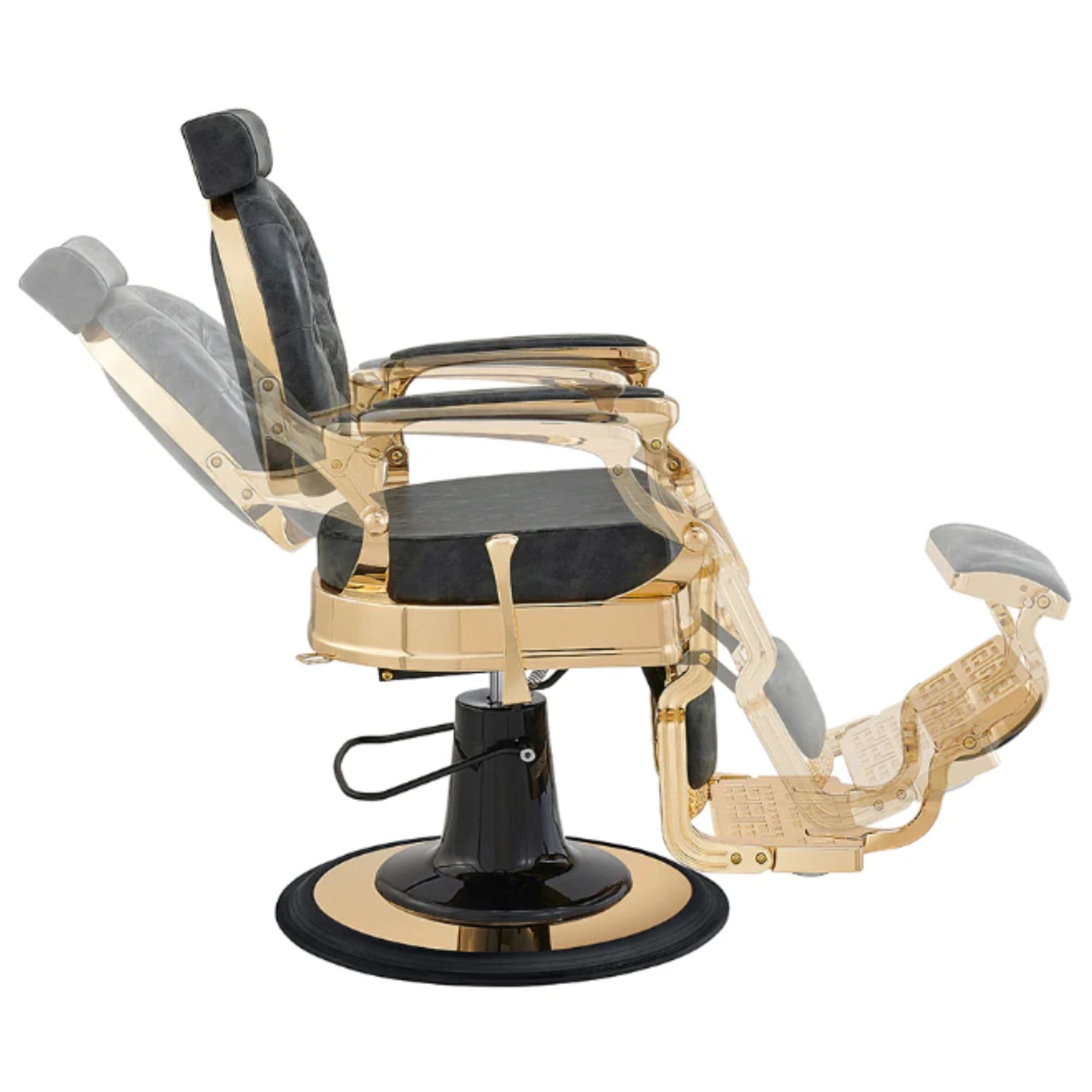 DIR Princeton Gold Barber Chair Vintage Black Variant Side View Demonstrating Swing Adjustment On White Background