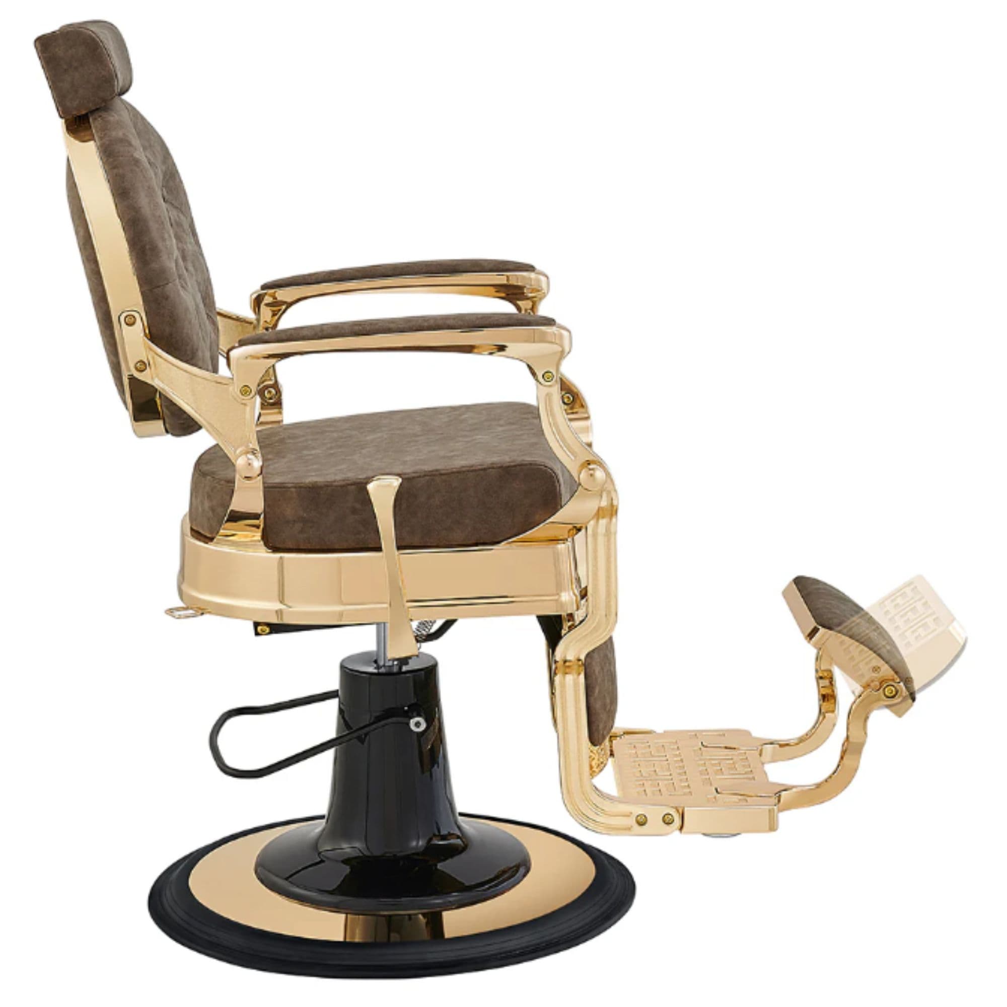DIR Princeton Gold Barber Chair Vintage Brown Variant Side View Demonstrating The Swing Range Of Foot Rest Extension On White Background