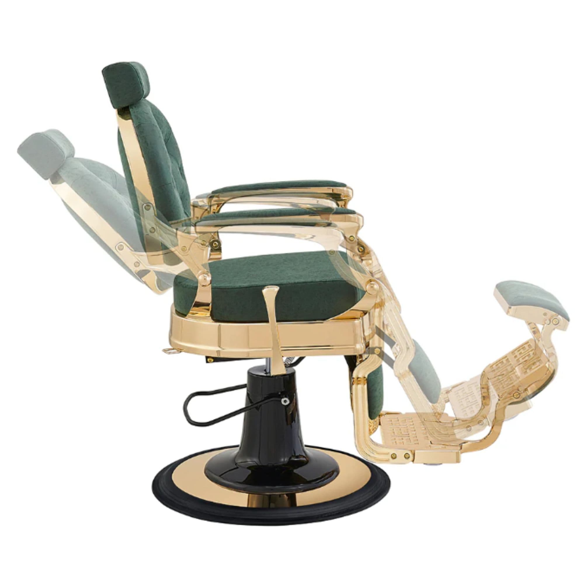 DIR Princeton Gold Barber Chair Vintage Green Variant Side View Demonstrating Swing Adjustment On White Background