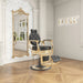 DIR Princeton Gold Finish Barbershop Chair Black Variant Front Angled View With Decorative Mirror And A Brand Name In The Background