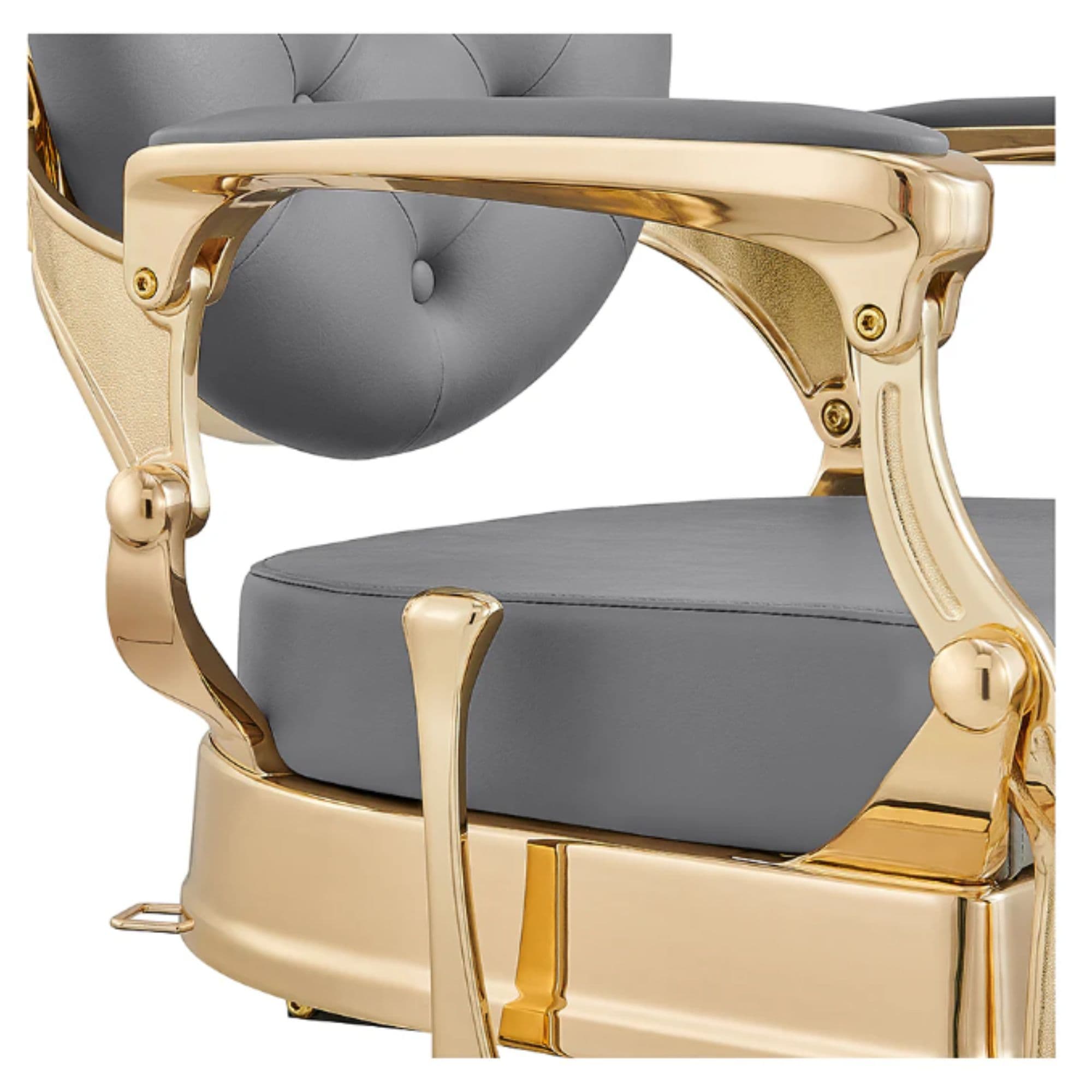 DIR Princeton Gold Finish Barbershop Chair Close-Up View Of Decorative Armrest Support And Gray Upholstered Seat