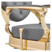DIR Princeton Gold Finish Barbershop Chair Close-Up View Of Decorative Armrest Support And Gray Upholstered Seat
