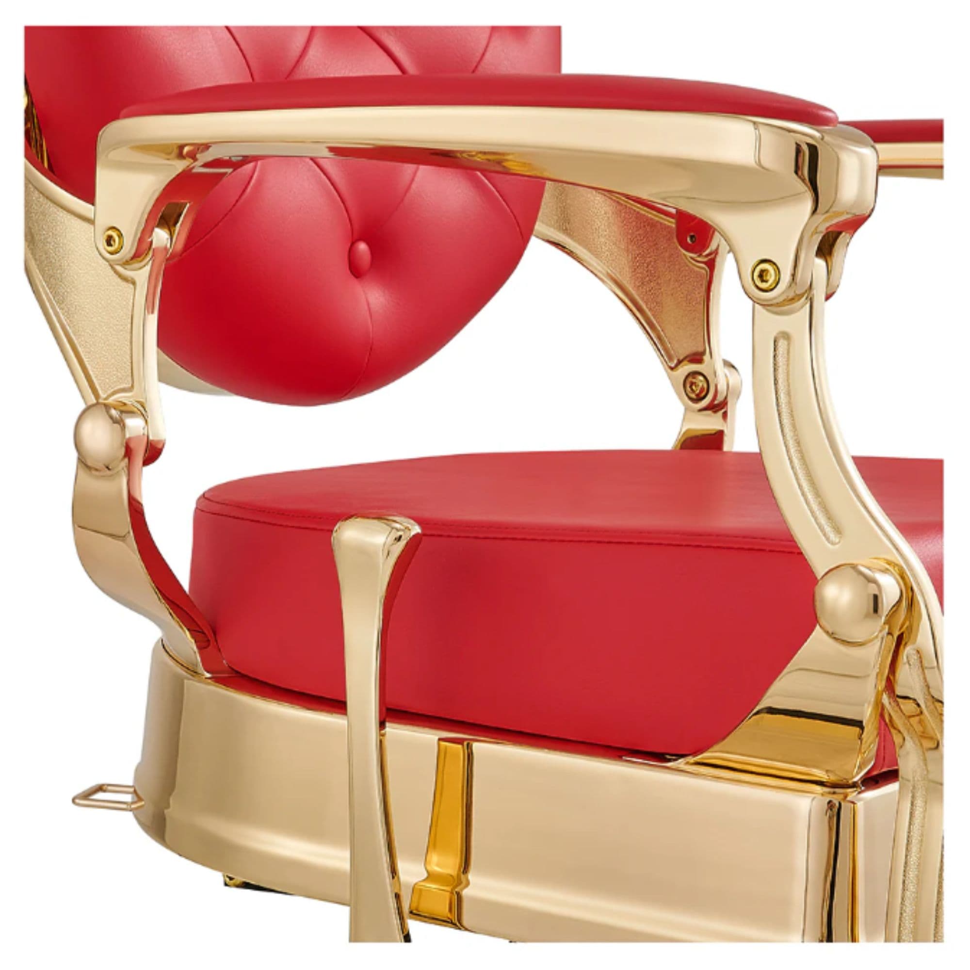DIR Princeton Gold Finish Barbershop Chair Close-Up View Of Decorative Armrest Support And Red Upholstered Seat