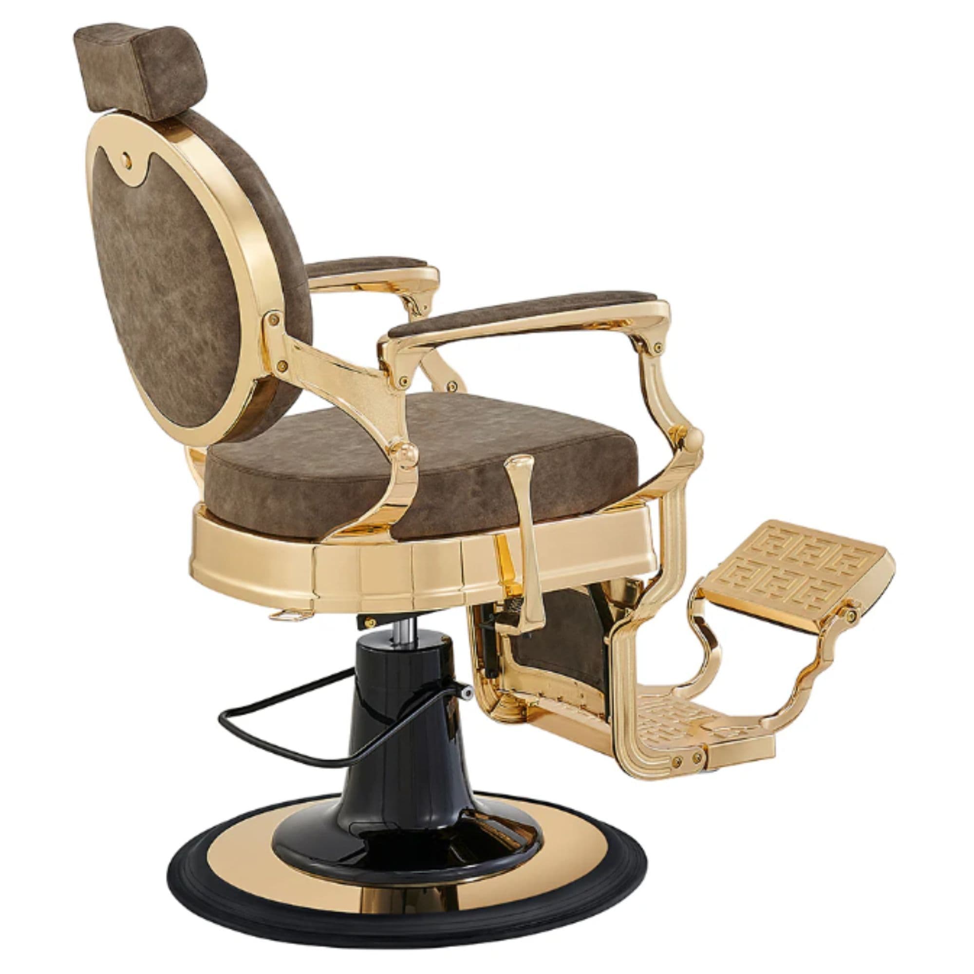 DIR Princeton Gold Finish Barbershop Chair Vintage Brown Variant Rear Angled View On White Background