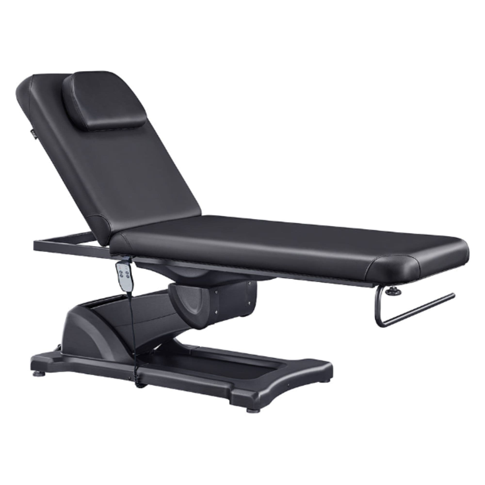 DIR Serenity Electric Treatment Table Front Angled View Of Black Color And Remote Control On White Background