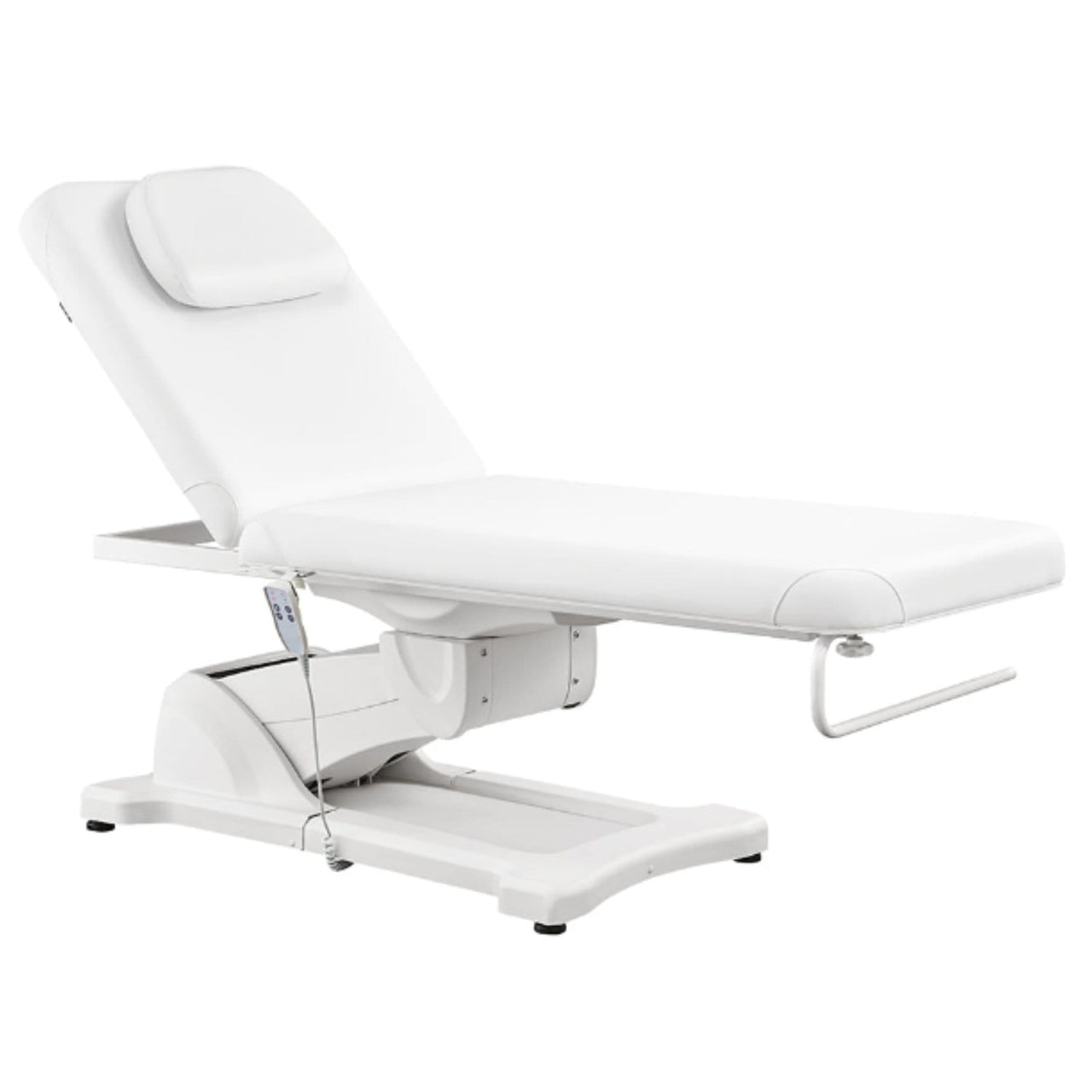 DIR Serenity Electric Treatment Table Front Angled View Of White Color With Remote Control On White Background