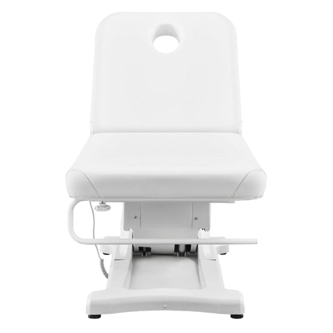 DIR Serenity Electric Treatment Table Front View Of White Color With Face Hole On White Background