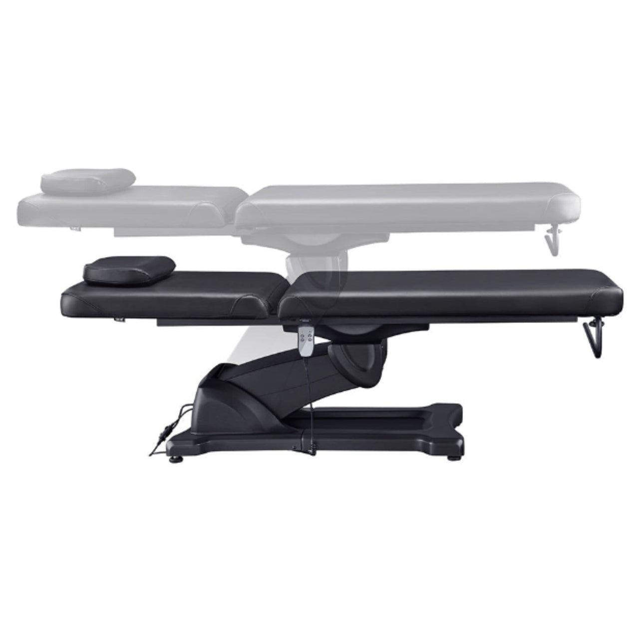 DIR Serenity Electric Treatment Table Side View And Fully Reclined Of Black Color Showing An Up And Down Adjustment With Remote Control On White Background