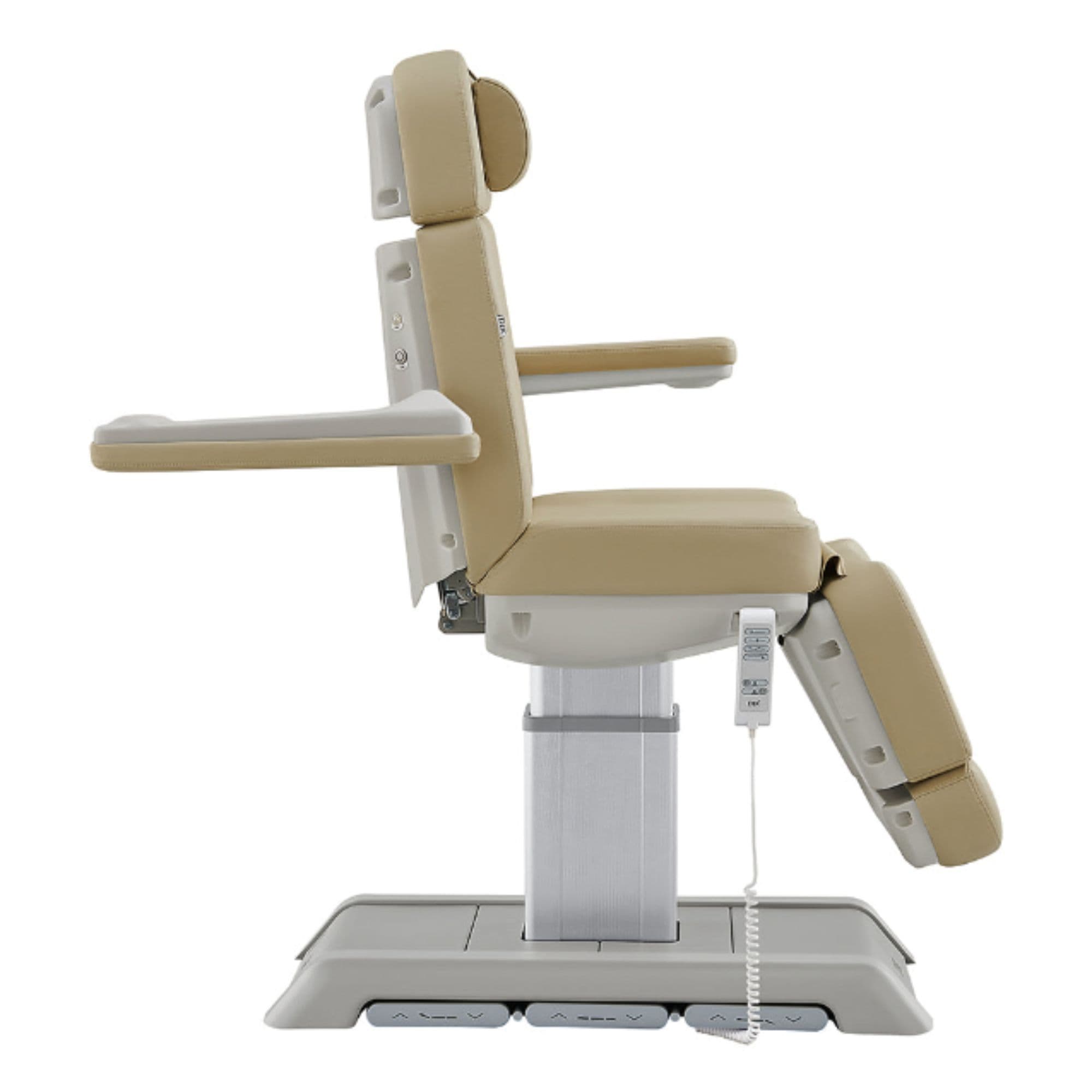 DIR Sydney 4-Motors Esthetician Chair Beige Side View Demonstrating Adjustable Armrest On White Background