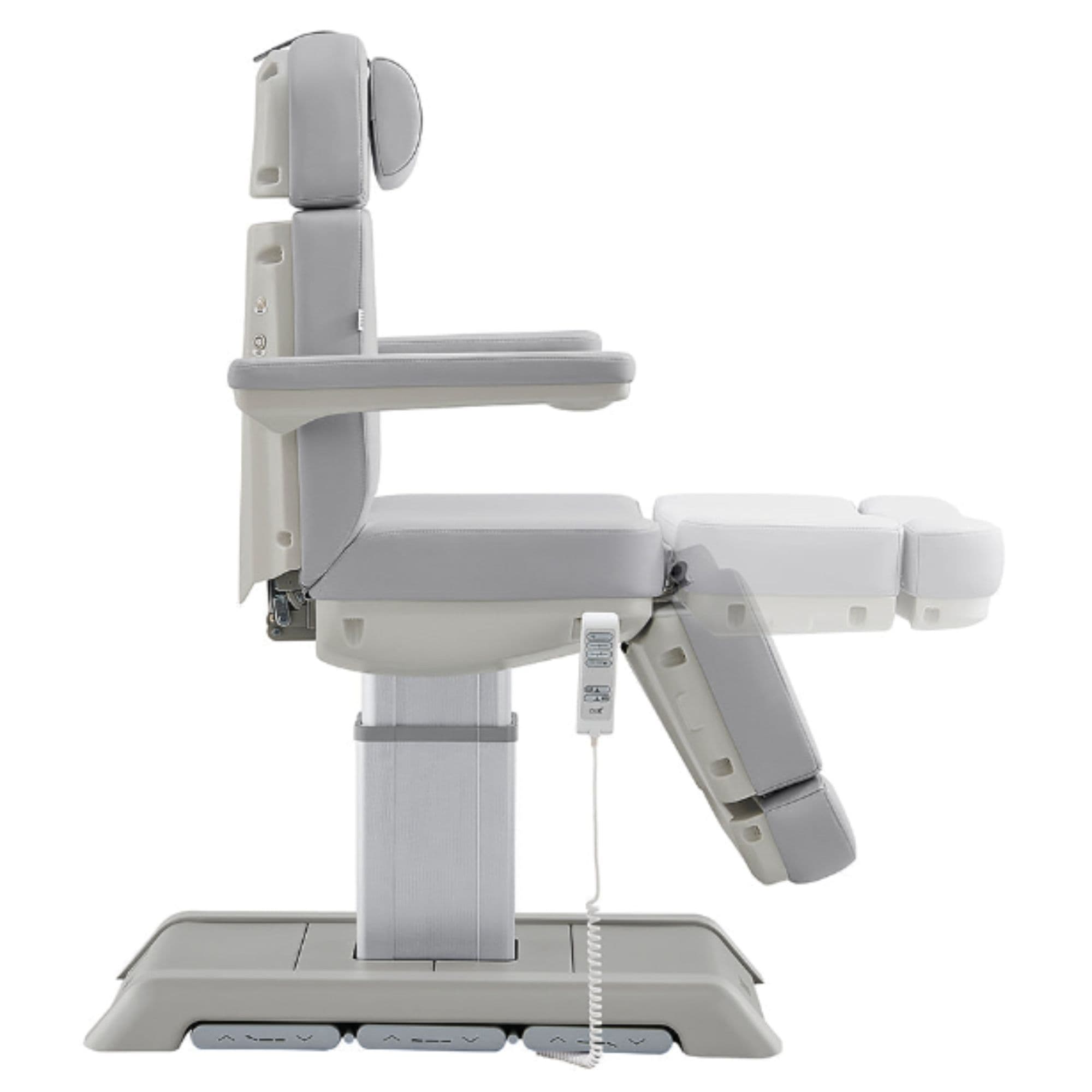 DIR Sydney 4-Motors Esthetician Chair Gray Side View With Remote Control Showing Extendable Footrest Positions On White Background