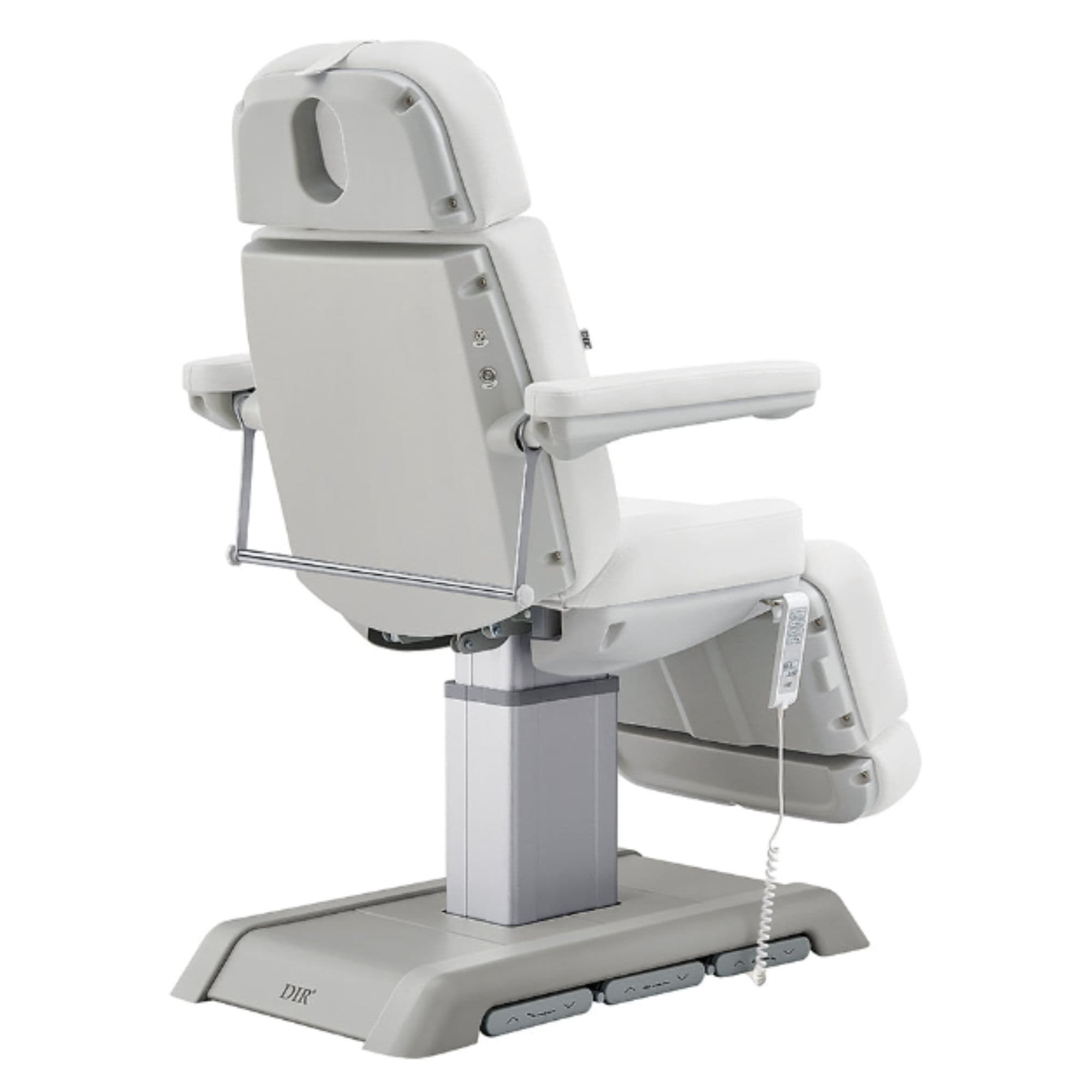 DIR Sydney 4-Motors Esthetician Chair White Rear Angled View With Foot Control On White Background