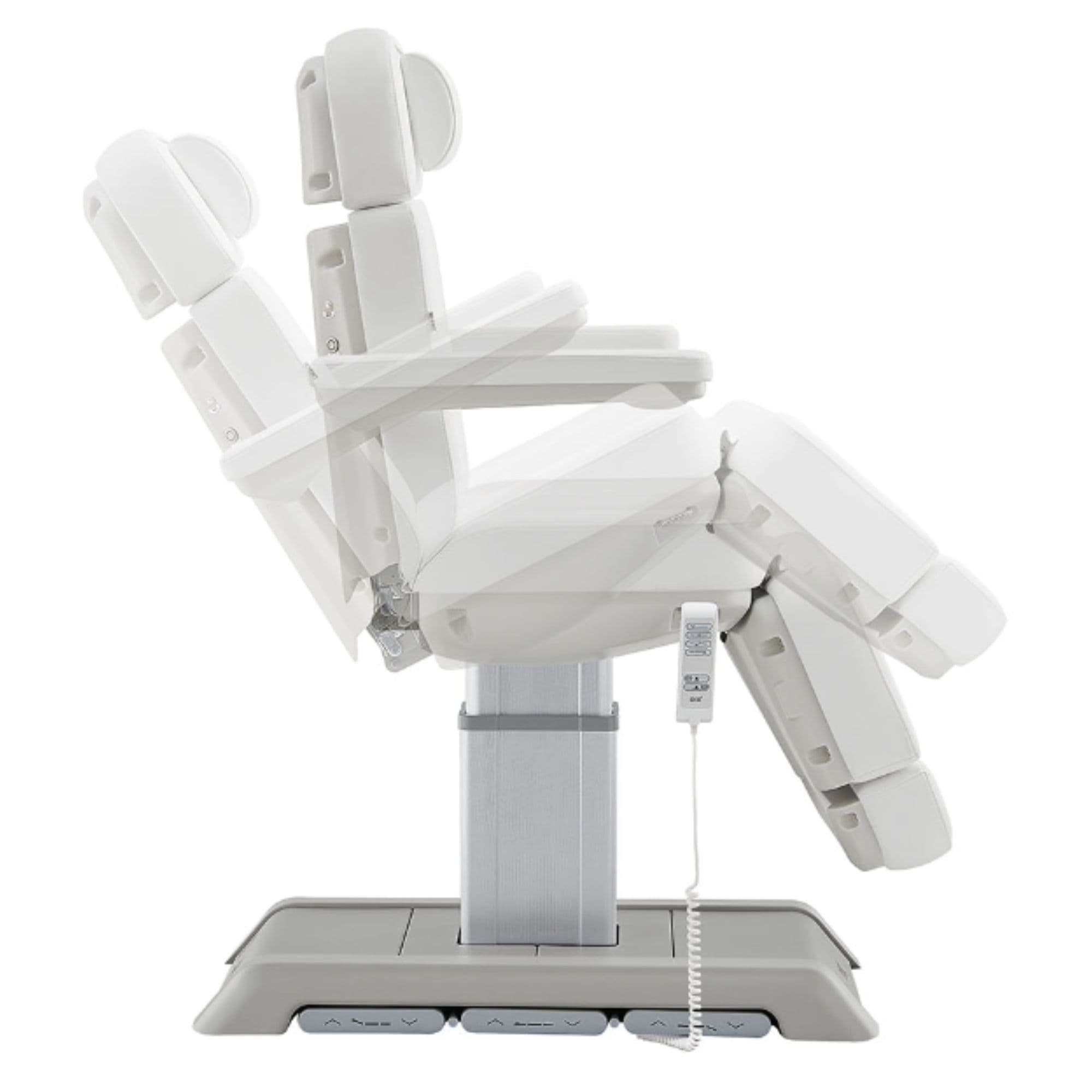 DIR Sydney 4-Motors Esthetician Chair White Side View Demonstrating Chair And Stirrup Adjustment Positions On White Background