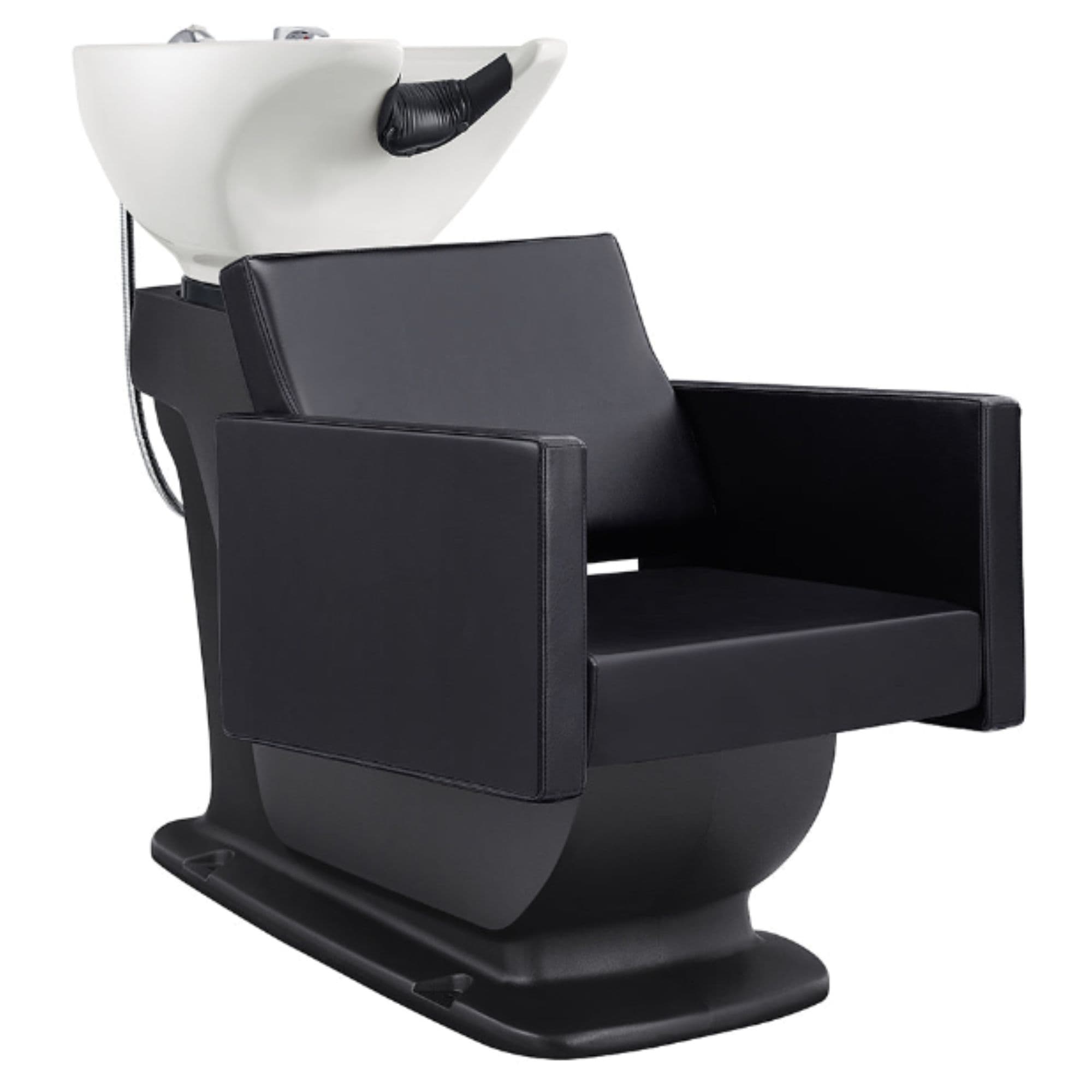 DIR Takaran Adjustable Shampoo Backwash Unit Black Front Angled View Of White Single Shampoo Wash Station