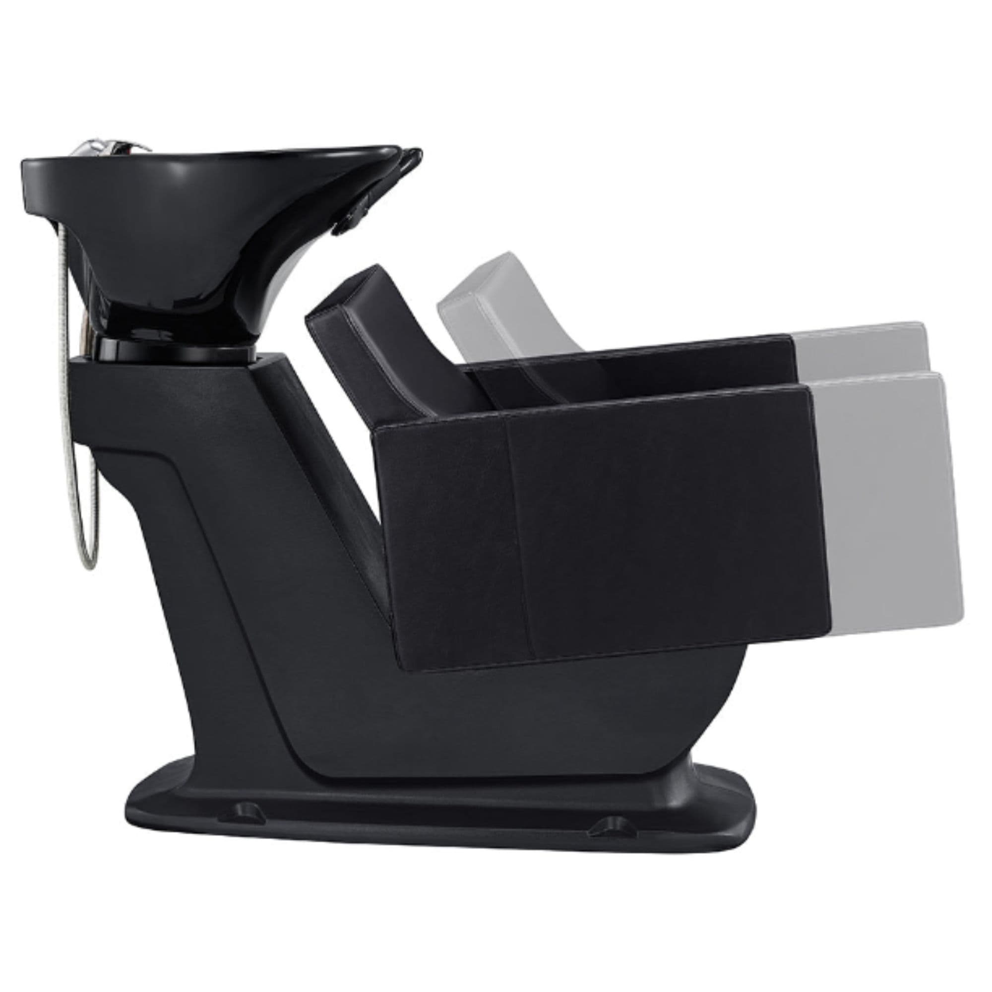 DIR Takaran Adjustable Shampoo Backwash Unit Black Side View Of Black Single Shampoo Wash Station With Chair Adjustment