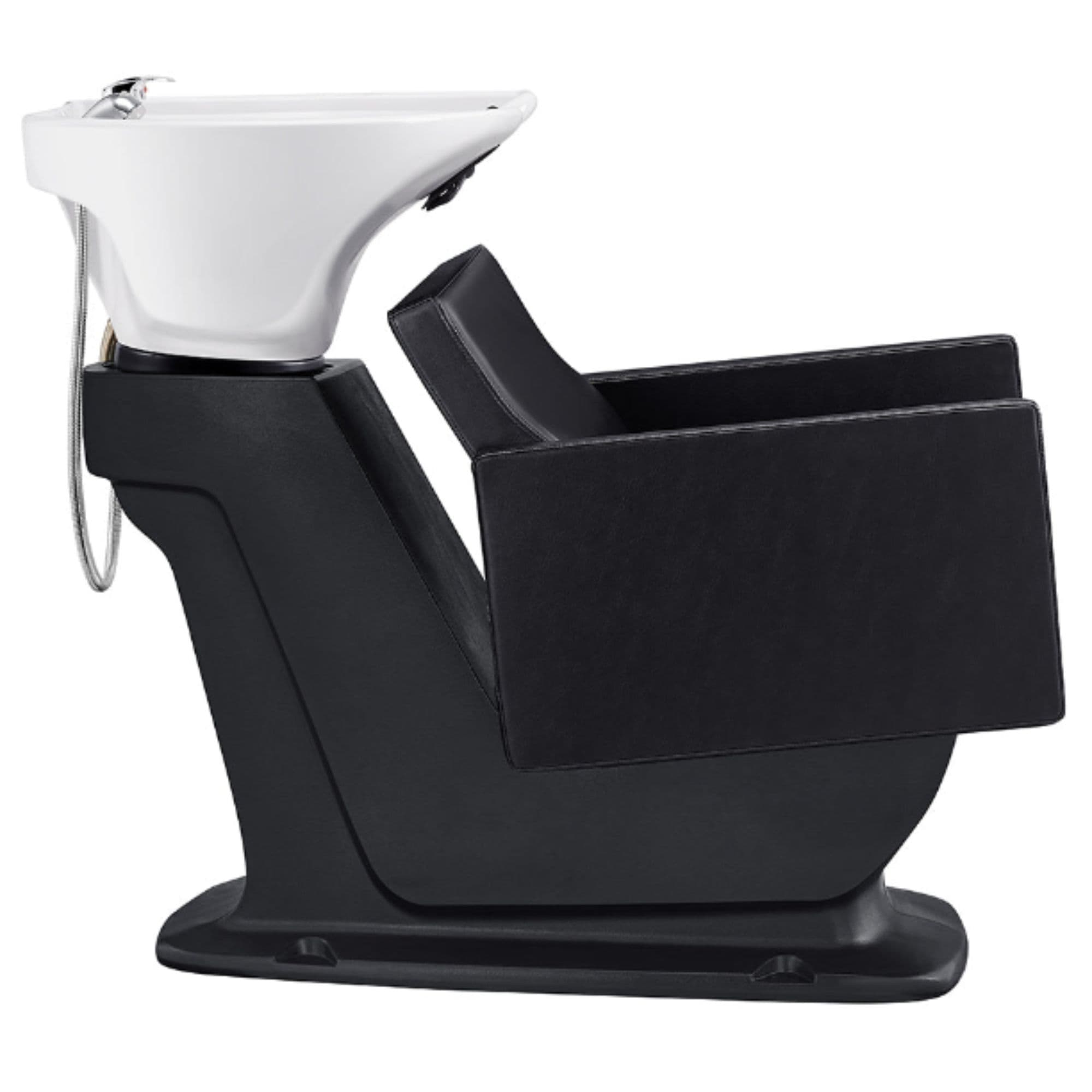 DIR Takaran Adjustable Shampoo Backwash Unit Black Side View Of White Single Shampoo Wash Station
